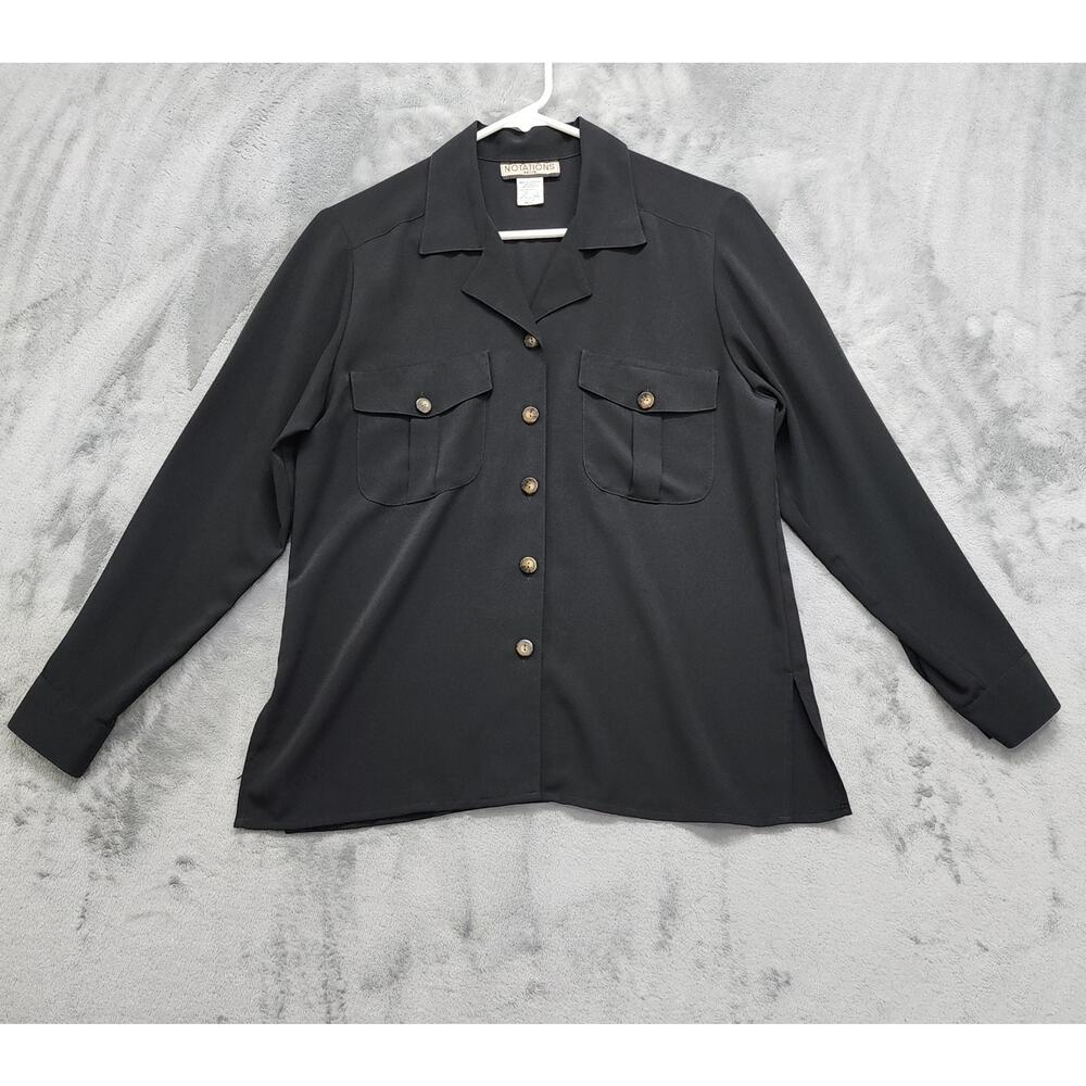 Vintage‎ 90s Notations Top Womens 4 PETITE Black Long Sleeve Button Up Side Slit